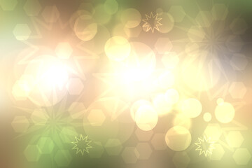 Abstract blurred festive light green white winter christmas or Happy New Year background texture with yellow bokeh circles and stars. Card concept.
