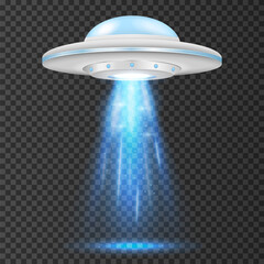 UFO - alien spaceship with blue lights. isolated on background. Vector illustration. © brovkoserhii