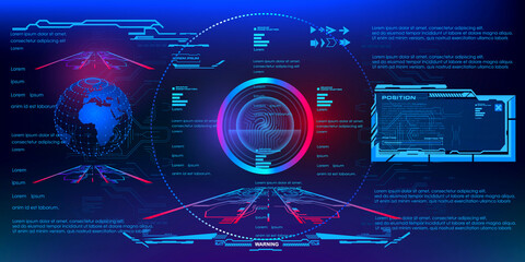 Holographic 3D space. Visualization of a holographic digital panel with HUD, GUI, UI elements. High tech user interface for video games with touch function. Conceptual innovative interface. Vector