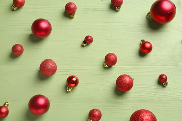 Naklejka na ściany i meble Beautiful Christmas balls on wooden background