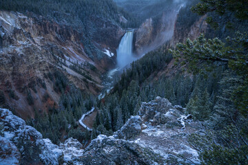 lower falls of the yellowstone national park at sunset, wyoming, usa