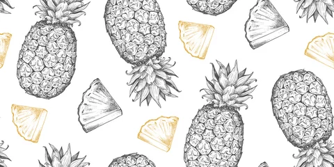 Papier Peint photo Ananas Modèle sans couture de vecteur avec des fruits frais dessinés à la main dans le style de croquis. Ananas mûrs et tranches.