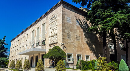 Fototapeta premium Council of Ministers (Prime Minister's Office) on the boulevard Bulevardi Deshmoret e Kombit. Tirana, Albania