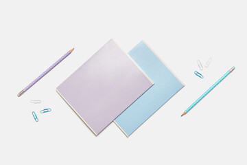 Colored school supplies for learning on a white background. Back to school. Pens, rulers, pencils and paper clips. Flat lay, top view, copy space