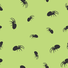 Seamless pattern black spiders big and small silhouette on green background, vector eps 10