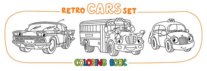 Funny small retro cars with eyes coloring book set