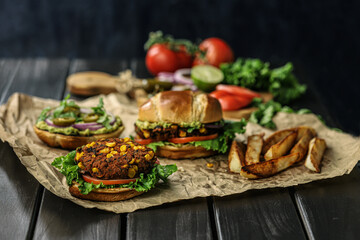 A low angled photo of a homemade vegan burger. 