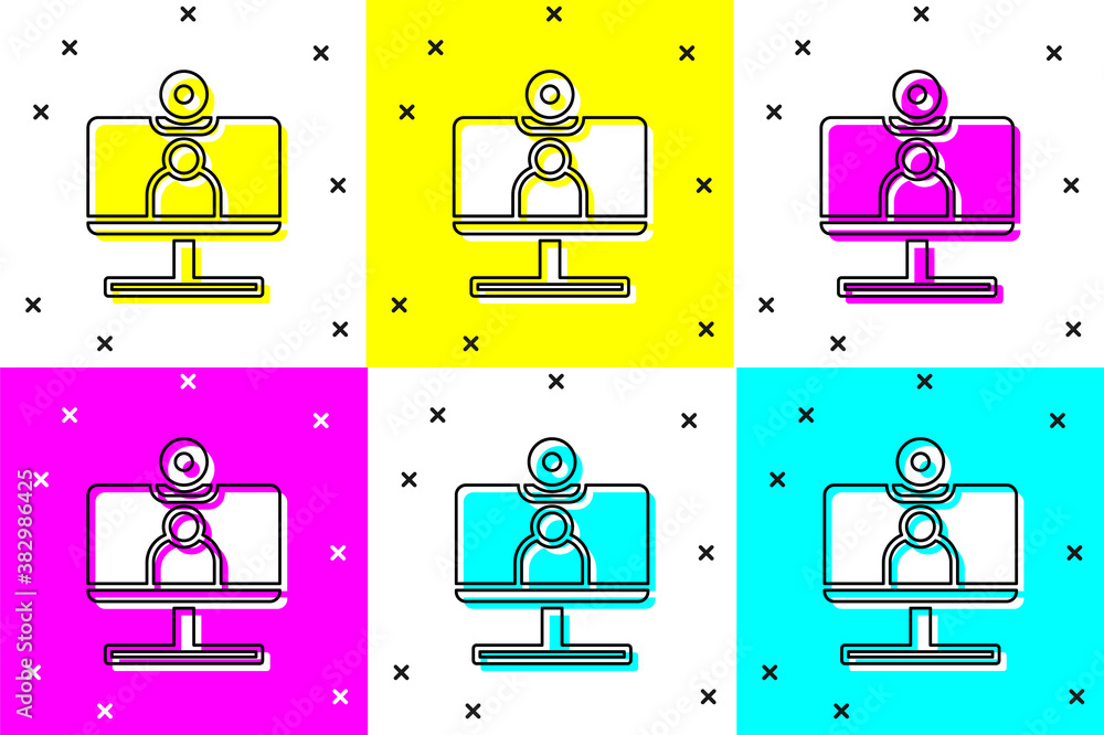 Poster set video chat conference icon isolated on color background. computer with video chat interface acti