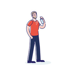 Man applying spray deodorant. Cartoon male character using antiperspirant