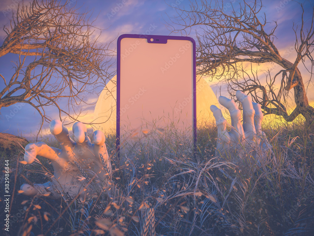 Aufkleber Abstract Halloween background with mobile phone mock up. 3d render.