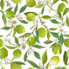 Fototapeta na wymiar Floral Lime Seamless Pattern, Vector Citrus Fruits, Flowers, Leaves, Limes Branches Texture. Tropical Lemons