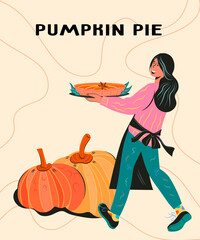 Autumn holiday Thanksgiving or Halloween card with woman carrying pumpkin pie, flat cartoon vector illustration.  Autumn or fall banner or greeting card template.