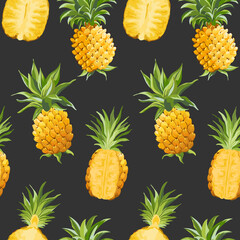 Seamless Vector Pineapple Pattern, Tropical Fruit Texture, Watercolor Tropic Fruits Background, Jungle, Hawaii Cover