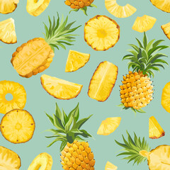 Seamless Pineapple Fruit Tropical Pattern, Tropic Texture, Colorful Vector Fruits Background, Jungle, Hawaii Cover