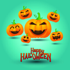 Happy Halloween. Cute pumpkin on turquoise light background. - 382987230