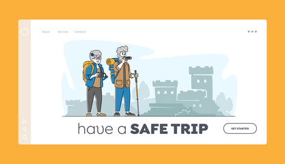 Obraz na płótnie Canvas Elderly People Traveling Landing Page Template. Senior Tourist Couple Characters with Photo Camera and Luggage Backpack