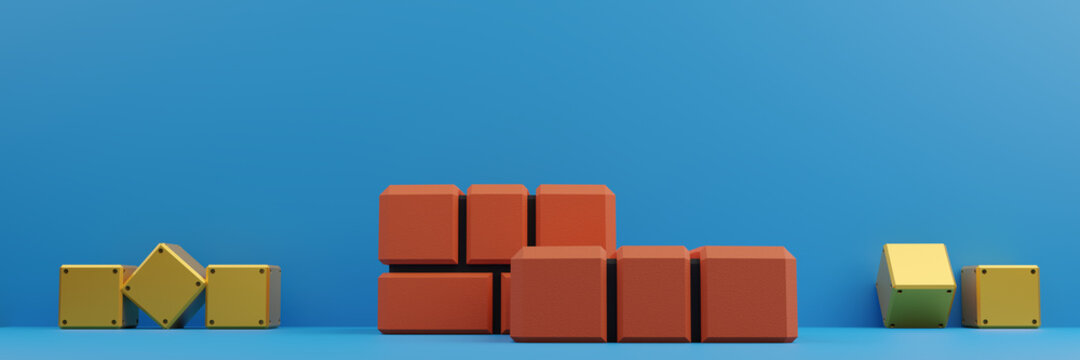 Minimal scene brick block and yellow steel block with white cloud on blue background. Geometric shape.3D rendering.Use For Product Showcase..wide panorama banner background.