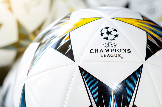 Kyiv, Ukraine- May 24, 2018: Balls with logo UEFA Champions League in UEFA Champions League Superstore.