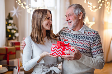 Senior man with young woman indoors at home at Christmas, holding present.