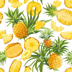 Pineapple Fruit Seamless Tropical Pattern, Colorful Vector Juicy Tropic Fruits, Leaves, Flower Background, Jungle