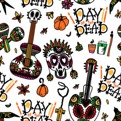 Day of the Dead. Seamless pattern with sugar skulls, maracas, swallow, guitar, flowers and candles for mexican holiday Dia de los Muertos. Vector illustration on white background