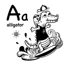 Hand drawn.Alphabet Letter A-alligator illustration, vector