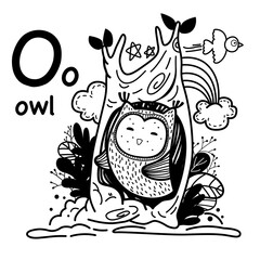 Hand drawn.Alphabet Letter O-owl illustration, vector