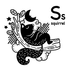 Hand drawn.Alphabet Letter S-squirrel illustration, vector