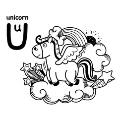 Hand drawn.Alphabet Letter U-unicorn illustration, vector