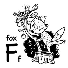 Hand drawn.Alphabet Letter F-fox illustration, vector