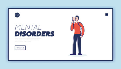 Mental disorder landing page concept with bipolar male character with two faces and emotions
