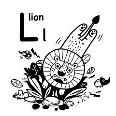 Hand drawn.Alphabet Letter L-lion illustration, vector