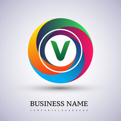 Letter V logo with colorful splash background, letter combination logo design for creative industry, web, business and company.