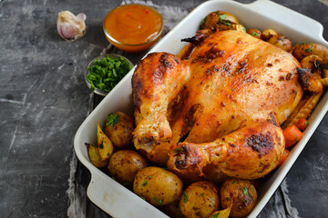 Whole baked chicken. Free space for text. Grey background. Chicken with potatoes, garlic and carrots.