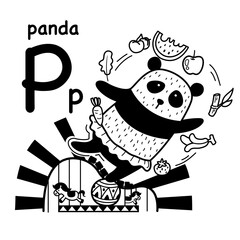 Hand drawn.Alphabet Letter P-panda illustration, vector