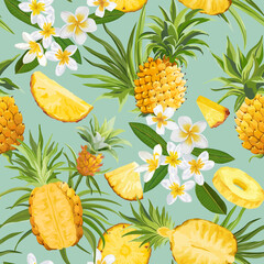 Pineapple and Tropical Flowers Seamless Pattern, Vector Fashion Exotic Background, Plumeria Fruits Texture