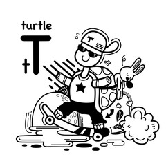 Hand drawn.Alphabet Letter T-turtle illustration, vector