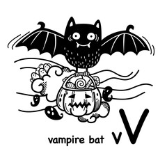 Hand drawn.Alphabet Letter V-vampire bat illustration, vector