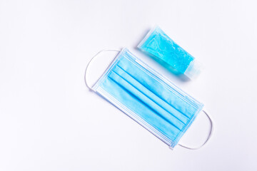 Medical protective face mask for cover mouth and nose and alcohol gel sanitizer hand gel cleaners, studio shot isolated on white background, Safety healthcare medical prevent coronavirus or Covid-19