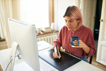Concentrated serious young woman photographer working from home retouching pictures using drawing...