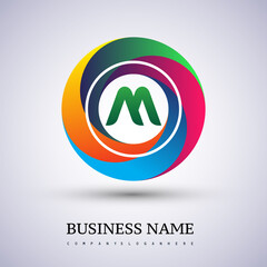 Letter M logo with colorful splash background, letter combination logo design for creative industry, web, business and company.