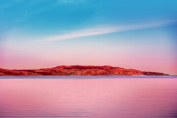Salt lake. Pink lake at sunset light
