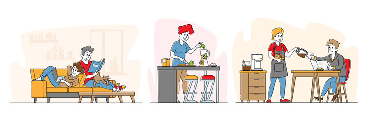 Daily Routine Concept. Male and Female Characters Domestic Spare Time, Couple Reading Together, Woman and Man Relaxing