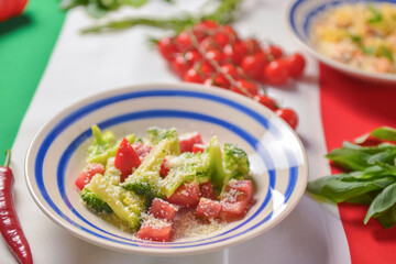 Still life with traditional Italian food on Italian flag. National cuisine concept. Top view, flat lay, menu concept.