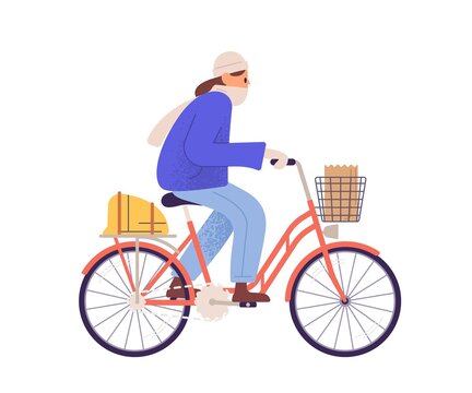 Flat vector cartoon illustration of bicycling woman in warm clothing. Female character riding bicycle in cold autumn, spring or winter weather. Active character cycling in outerwear isolated on white