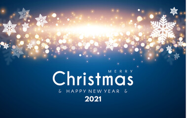 Fototapeta na wymiar Merry Christmas and Happy New 2021 Year Shining Background. Elegant New Year Decoration with Stars, Snowflakes, Gold Garlands, Shining Lights and Bokeh Effect