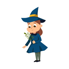 Little Witch with Magical Herb, Cute Girl Wearing Blue Dress and Hat Practicing Witchcraft Cartoon Style Vector Illustration