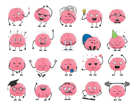 Brain cartoon character set with happy face smile. Cute hero brain emoji isolated on white background. Brainpower avatar with different emotion and face expression vector illustration