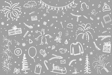 Hand drawn christmas background. Abstract xmas elements. Black and white illustration