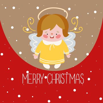 Cozy cute greeting card with a picture of a little angel and a decorative composition of words, lettering. Vector illustration in cartoon style for postcard printing or digital use.